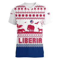 Liberia Christmas Women V-Neck T-Shirt with Red Wildlife Silhouettes and White Blue Holiday - Wonder Print Shop