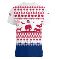 Liberia Christmas Women V-Neck T-Shirt with Red Wildlife Silhouettes and White Blue Holiday - Wonder Print Shop