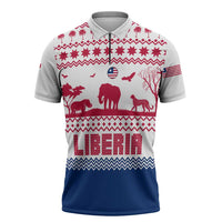 Liberia Christmas Zipper Polo Shirt with Red Wildlife Silhouettes and White Blue Holiday - Wonder Print Shop