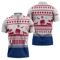 Liberia Christmas Zipper Polo Shirt with Red Wildlife Silhouettes and White Blue Holiday - Wonder Print Shop