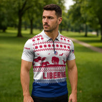 Liberia Christmas Zipper Polo Shirt with Red Wildlife Silhouettes and White Blue Holiday - Wonder Print Shop