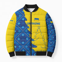 Ukraine Christmas Bomber Puffer Jacket with Yellow and Blue Tree Design and Traditional Embroidery - Wonder Print Shop