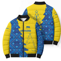 Ukraine Christmas Bomber Puffer Jacket with Yellow and Blue Tree Design and Traditional Embroidery - Wonder Print Shop