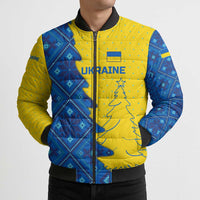 Ukraine Christmas Bomber Puffer Jacket with Yellow and Blue Tree Design and Traditional Embroidery - Wonder Print Shop