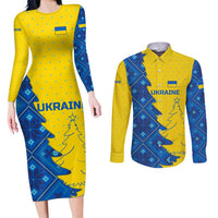 Ukraine Christmas Couples Matching Long Sleeve Bodycon Dress and Long Sleeve Button Shirt with Yellow and Blue Tree Design and Traditional Embroidery - Wonder Print Shop