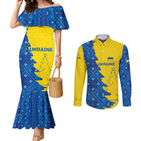 Ukraine Christmas Couples Matching Mermaid Dress and Long Sleeve Button Shirt with Yellow and Blue Tree Design and Traditional Embroidery - Wonder Print Shop