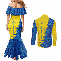 Ukraine Christmas Couples Matching Mermaid Dress and Long Sleeve Button Shirt with Yellow and Blue Tree Design and Traditional Embroidery - Wonder Print Shop