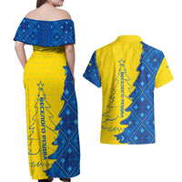 Ukraine Christmas Couples Matching Off Shoulder Maxi Dress and Hawaiian Shirt with Yellow and Blue Tree Design and Traditional Embroidery - Wonder Print Shop