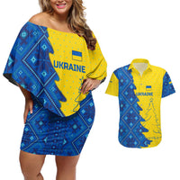 Ukraine Christmas Couples Matching Off Shoulder Short Dress and Hawaiian Shirt with Yellow and Blue Tree Design and Traditional Embroidery - Wonder Print Shop