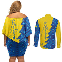 Ukraine Christmas Couples Matching Off Shoulder Short Dress and Long Sleeve Button Shirt with Yellow and Blue Tree Design and Traditional Embroidery - Wonder Print Shop