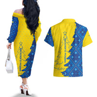 Ukraine Christmas Couples Matching Off The Shoulder Long Sleeve Dress and Hawaiian Shirt with Yellow and Blue Tree Design and Traditional Embroidery - Wonder Print Shop