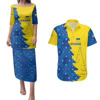 Ukraine Christmas Couples Matching Puletasi and Hawaiian Shirt with Yellow and Blue Tree Design and Traditional Embroidery - Wonder Print Shop