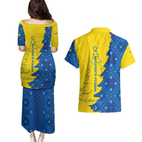 Ukraine Christmas Couples Matching Puletasi and Hawaiian Shirt with Yellow and Blue Tree Design and Traditional Embroidery - Wonder Print Shop