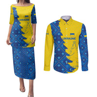 Ukraine Christmas Couples Matching Puletasi and Long Sleeve Button Shirt with Yellow and Blue Tree Design and Traditional Embroidery - Wonder Print Shop