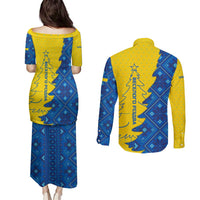 Ukraine Christmas Couples Matching Puletasi and Long Sleeve Button Shirt with Yellow and Blue Tree Design and Traditional Embroidery - Wonder Print Shop
