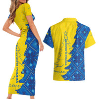 Ukraine Christmas Couples Matching Short Sleeve Bodycon Dress and Hawaiian Shirt with Yellow and Blue Tree Design and Traditional Embroidery - Wonder Print Shop