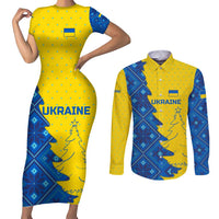 Ukraine Christmas Couples Matching Short Sleeve Bodycon Dress and Long Sleeve Button Shirt with Yellow and Blue Tree Design and Traditional Embroidery - Wonder Print Shop