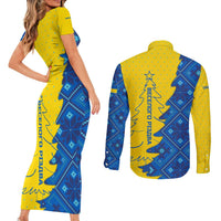 Ukraine Christmas Couples Matching Short Sleeve Bodycon Dress and Long Sleeve Button Shirt with Yellow and Blue Tree Design and Traditional Embroidery - Wonder Print Shop