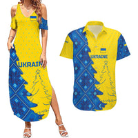Ukraine Christmas Couples Matching Summer Maxi Dress and Hawaiian Shirt with Yellow and Blue Tree Design and Traditional Embroidery - Wonder Print Shop