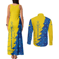 Ukraine Christmas Couples Matching Tank Maxi Dress and Long Sleeve Button Shirt with Yellow and Blue Tree Design and Traditional Embroidery - Wonder Print Shop