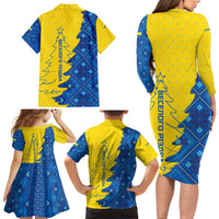 Ukraine Christmas Family Matching Long Sleeve Bodycon Dress and Hawaiian Shirt with Yellow and Blue Tree Design and Traditional Embroidery - Wonder Print Shop