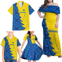 Ukraine Christmas Family Matching Off Shoulder Maxi Dress and Hawaiian Shirt with Yellow and Blue Tree Design and Traditional Embroidery - Wonder Print Shop
