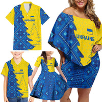 Ukraine Christmas Family Matching Off Shoulder Short Dress and Hawaiian Shirt with Yellow and Blue Tree Design and Traditional Embroidery - Wonder Print Shop