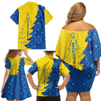 Ukraine Christmas Family Matching Off Shoulder Short Dress and Hawaiian Shirt with Yellow and Blue Tree Design and Traditional Embroidery - Wonder Print Shop