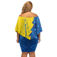 Ukraine Christmas Family Matching Off Shoulder Short Dress and Hawaiian Shirt with Yellow and Blue Tree Design and Traditional Embroidery - Wonder Print Shop
