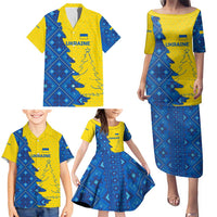 Ukraine Christmas Family Matching Puletasi and Hawaiian Shirt with Yellow and Blue Tree Design and Traditional Embroidery - Wonder Print Shop