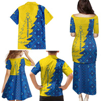 Ukraine Christmas Family Matching Puletasi and Hawaiian Shirt with Yellow and Blue Tree Design and Traditional Embroidery - Wonder Print Shop