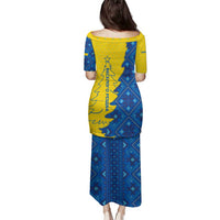 Ukraine Christmas Family Matching Puletasi and Hawaiian Shirt with Yellow and Blue Tree Design and Traditional Embroidery - Wonder Print Shop