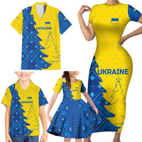 Ukraine Christmas Family Matching Short Sleeve Bodycon Dress and Hawaiian Shirt with Yellow and Blue Tree Design and Traditional Embroidery - Wonder Print Shop