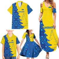 Ukraine Christmas Family Matching Summer Maxi Dress and Hawaiian Shirt with Yellow and Blue Tree Design and Traditional Embroidery - Wonder Print Shop