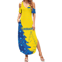 Ukraine Christmas Family Matching Summer Maxi Dress and Hawaiian Shirt with Yellow and Blue Tree Design and Traditional Embroidery - Wonder Print Shop