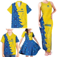Ukraine Christmas Family Matching Tank Maxi Dress and Hawaiian Shirt with Yellow and Blue Tree Design and Traditional Embroidery - Wonder Print Shop