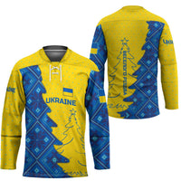 Ukraine Christmas Hockey Jersey with Yellow and Blue Tree Design and Traditional Embroidery - Wonder Print Shop