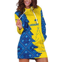 Ukraine Christmas Hoodie Dress with Yellow and Blue Tree Design and Traditional Embroidery - Wonder Print Shop