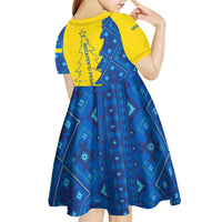 Ukraine Christmas Kid Short Sleeve Dress with Yellow and Blue Tree Design and Traditional Embroidery - Wonder Print Shop