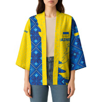 Ukraine Christmas Kimono with Yellow and Blue Tree Design and Traditional Embroidery - Wonder Print Shop