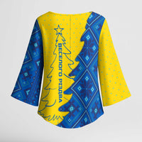 Ukraine Christmas Kimono Sleeve Blouse with Yellow and Blue Tree Design and Traditional Embroidery - Wonder Print Shop