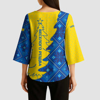 Ukraine Christmas Kimono Sleeve Blouse with Yellow and Blue Tree Design and Traditional Embroidery - Wonder Print Shop