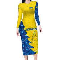 Ukraine Christmas Long Sleeve Bodycon Dress with Yellow and Blue Tree Design and Traditional Embroidery - Wonder Print Shop