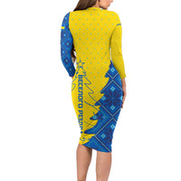 Ukraine Christmas Long Sleeve Bodycon Dress with Yellow and Blue Tree Design and Traditional Embroidery - Wonder Print Shop