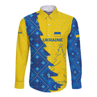 Ukraine Christmas Long Sleeve Button Shirt with Yellow and Blue Tree Design and Traditional Embroidery - Wonder Print Shop