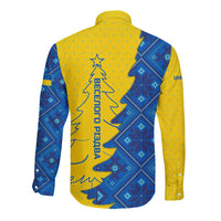Ukraine Christmas Long Sleeve Button Shirt with Yellow and Blue Tree Design and Traditional Embroidery - Wonder Print Shop