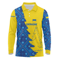 Ukraine Christmas Long Sleeve Polo Shirt with Yellow and Blue Tree Design and Traditional Embroidery - Wonder Print Shop