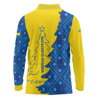 Ukraine Christmas Long Sleeve Polo Shirt with Yellow and Blue Tree Design and Traditional Embroidery - Wonder Print Shop