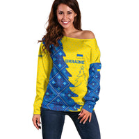 Ukraine Christmas Off Shoulder Sweater with Yellow and Blue Tree Design and Traditional Embroidery - Wonder Print Shop