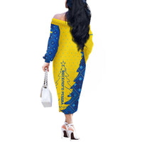 Ukraine Christmas Off The Shoulder Long Sleeve Dress with Yellow and Blue Tree Design and Traditional Embroidery - Wonder Print Shop